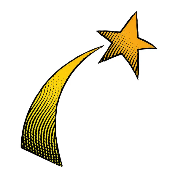 Illustration Von Scratchboard Eingravierte Ikone Einer Sternschnuppe Mit Gelber Füllung — Stockvektor