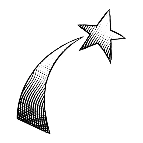 Illustrazione Scratchboard Icona Incisa Una Stella Cadente Isolata Sfondo Bianco — Vettoriale Stock