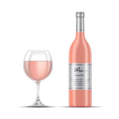 Beyaz bir arka planda izole edilmiş gül şarabı ve şarap şişesi tasviri