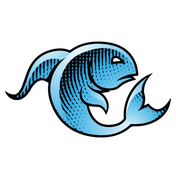 Ilustrace Vyryté Ryby Modrou Výplní Izolované Bílém Pozadí — Stockový vektor