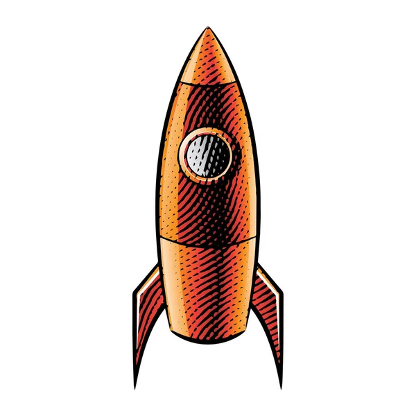 Scratchboard Gravírozott Illusztrációja Egy Rakéta Orange Fill Elszigetelt Fehér Háttér — Stock Vector