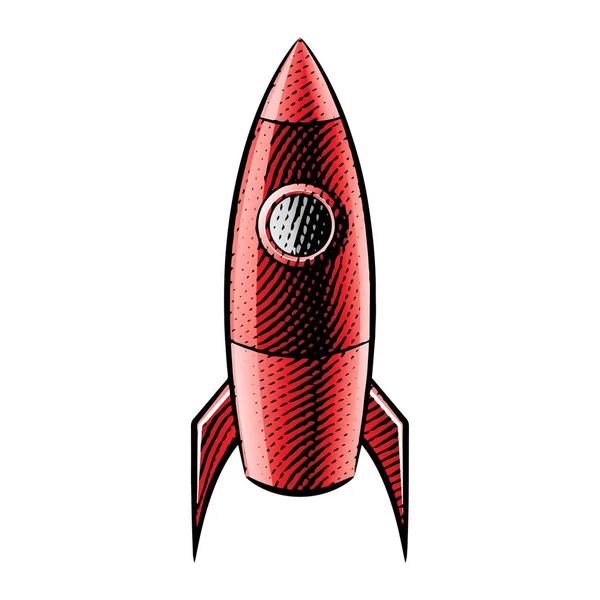 Scratchboard Engraved Illustration Rocket Red Fill Isolated White Background — стоковий вектор