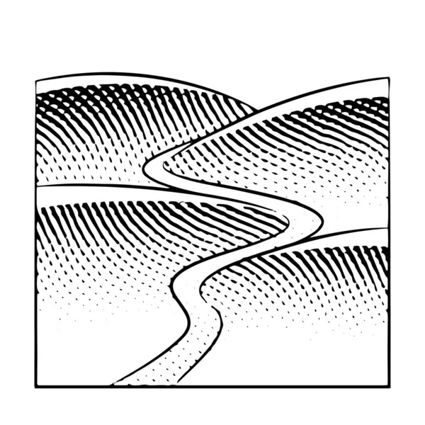 白色背景下孤立的丘陵和河流石板雕刻 — 图库矢量图片