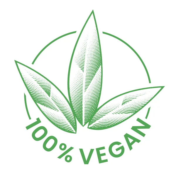 100 Vegan Χαραγμένο Στρογγυλό Εικονίδιο Πράσινα Φύλλα Που Απομονώνονται Λευκό — Διανυσματικό Αρχείο