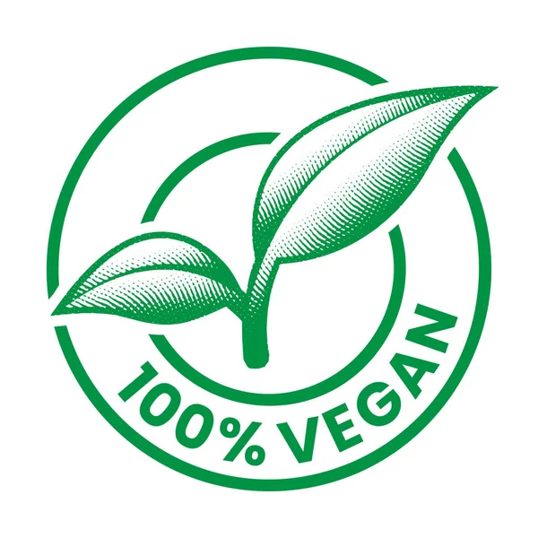 100 Vegan Στρογγυλή Χαραγμένη Εικόνα Πράσινα Φύλλα Που Απομονώνονται Λευκό — Διανυσματικό Αρχείο