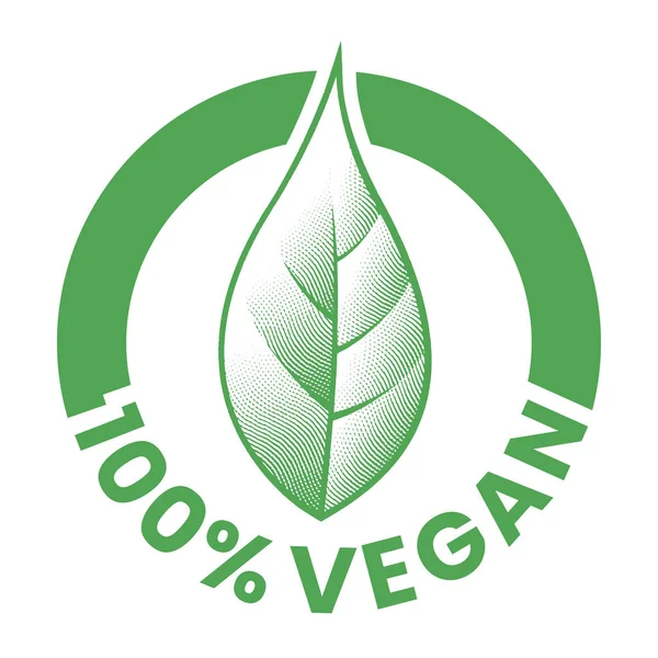 100 Vegan Χαραγμένο Στρογγυλό Εικονίδιο Πράσινο Φύλλο Που Απομονώνεται Λευκό — Διανυσματικό Αρχείο