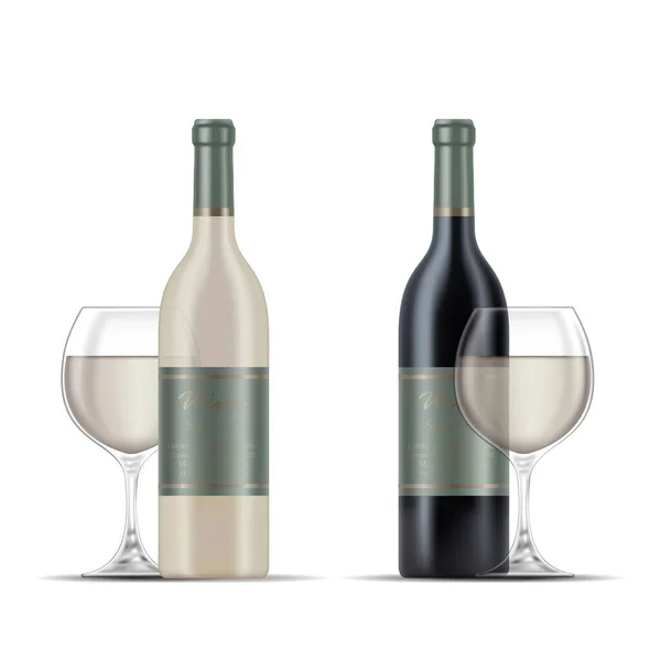 Ilustração Garrafas Vinho Branco Copos Vinho Isolados Fundo Branco — Vetor de Stock