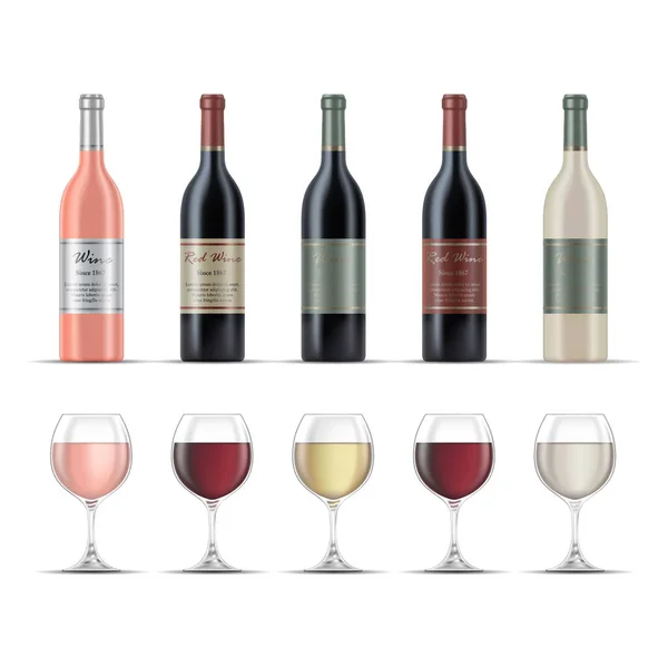 Illustrazione Bicchieri Vino Bottiglie Vino Isolate Sfondo Bianco — Vettoriale Stock