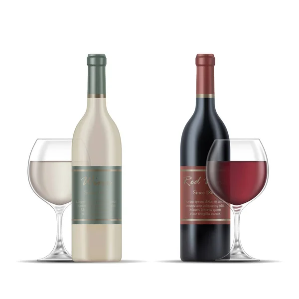 Ilustração Taças Vinho Tinto Branco Garrafas Vinho Isoladas Fundo Branco — Vetor de Stock