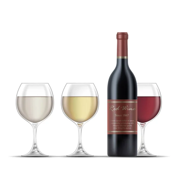 Ilustração Garrafa Vinho Tinto Três Copos Vinho Isolados Fundo Branco — Vetor de Stock