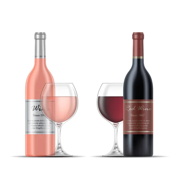 Ilustrace Růžové Víno Červené Víno Brýle Víno Lahve Izolované Bílém — Stockový vektor