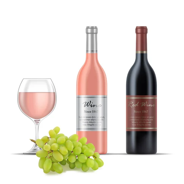 Ilustração Vinho Rosa Vinho Tinto Com Uvas Isoladas Fundo Branco — Vetor de Stock