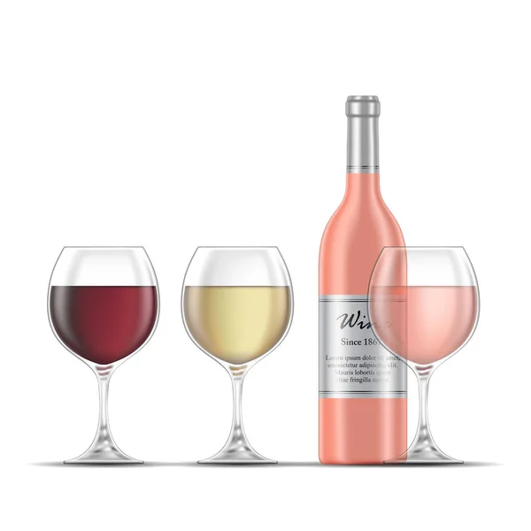 Ілюстрація Пляшки Вином Роуз Трьох Винних Склянок Ізольованих Білому Тлі — стоковий вектор