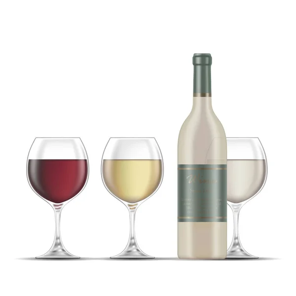 Ilustração Garrafa Vinho Branco Três Copos Vinho Isolados Fundo Branco — Vetor de Stock