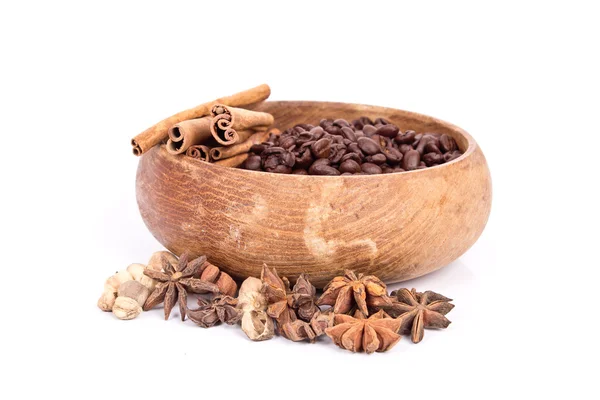 Coffee beans in a wooden cub — Stock Photo, Image