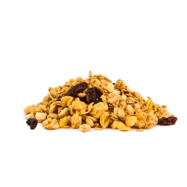 Muesli Met Rozijnen Een Witte Geïsoleerde Achtergrond — Stockfoto