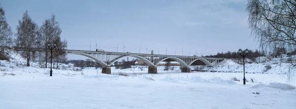 俄罗斯 特维尔州 Staritsa 伏尔加河上的一座桥 冬季冰冻了 周围都是雪 — 图库照片