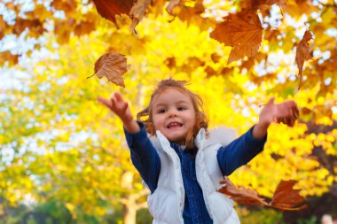 sonbahar yaprakları ile oynarken sevimli çocuk
