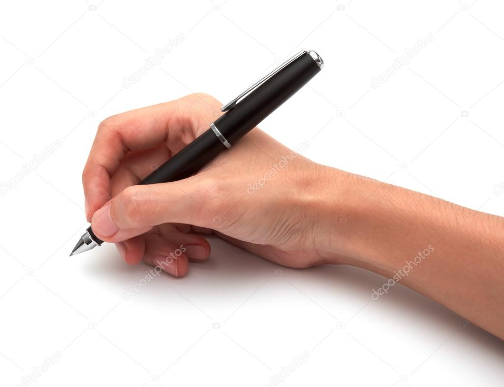 Hand with pen on white background