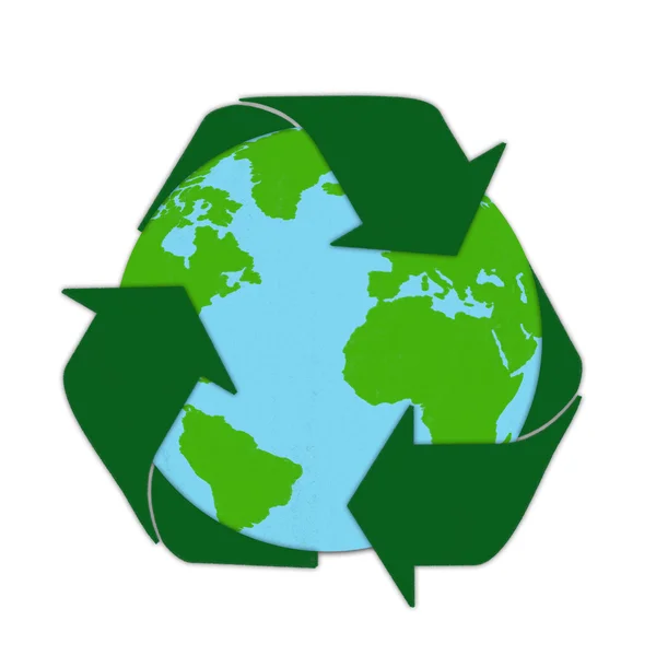 Mapa świata z recyklingu znak rysunek pastelami na papier drzewny — Zdjęcie stockowe