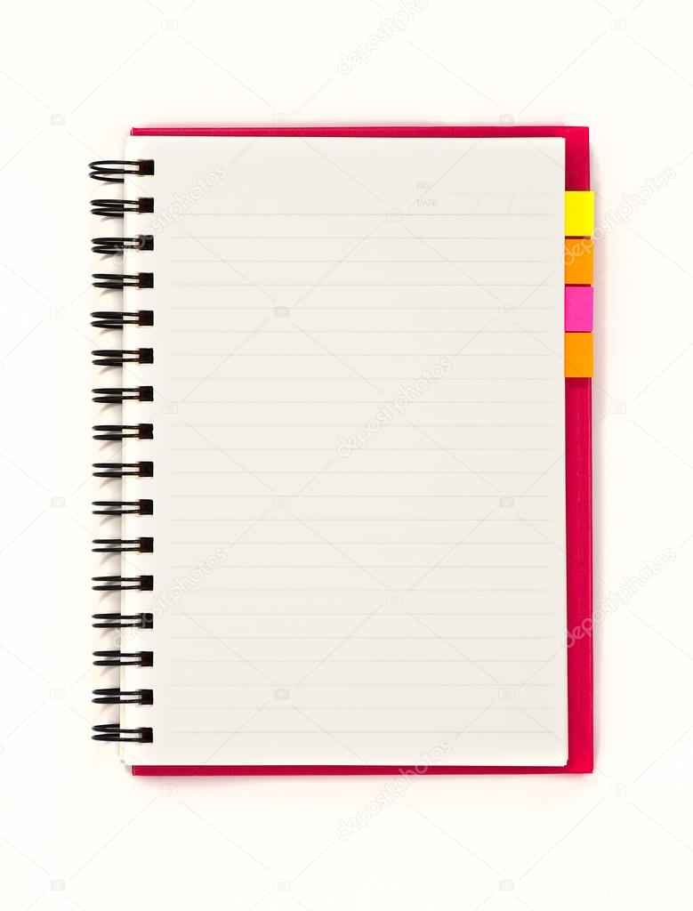 Red notebook with notepad isolated on white background