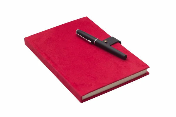 Cuaderno de tapa dura rojo en blanco con lápiz aislado — Foto de Stock