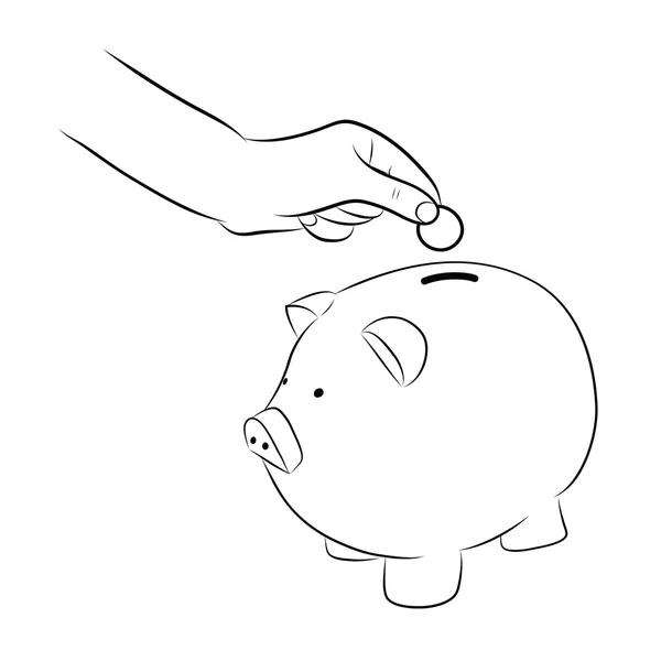 Hand putting coins into saving piggy bank — Stock Vector