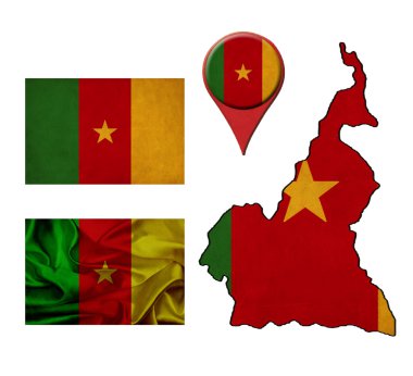 grunge Cameroon flag, map and map pointers  clipart