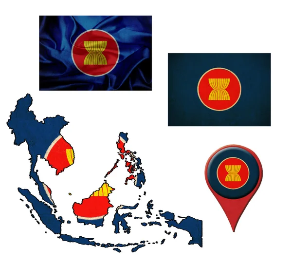 Flaga Wspólnoty Gospodarczej asean nieczysty, mapy i mapa wskaźniki — Zdjęcie stockowe