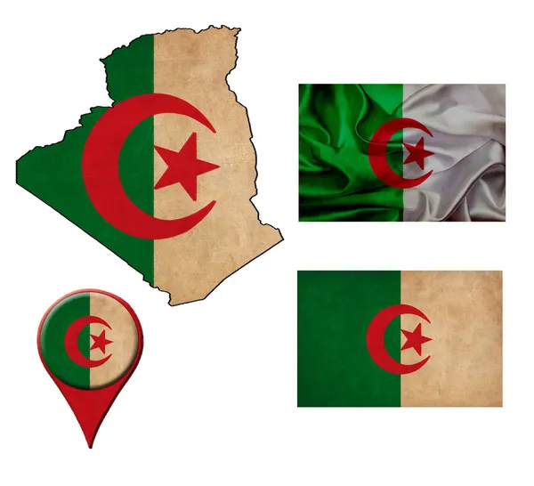 阿尔及利亚国旗、 地图和地图指针 — 图库照片