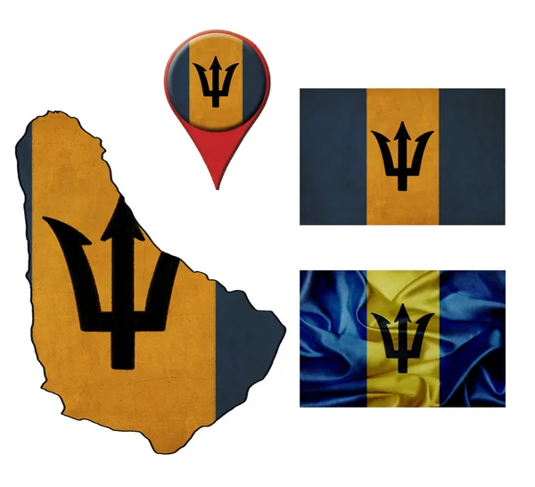 Grunge Barbados bandiera, mappa e mappa puntatori — Foto Stock