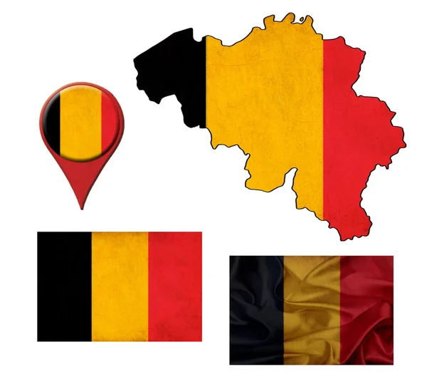 Grunge belgium flag, map and map pointers — Stock Photo, Image