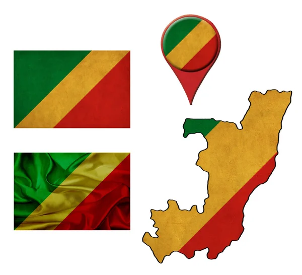 Grunge Republic of the Congo flag, map and map pointers — Stock Photo, Image