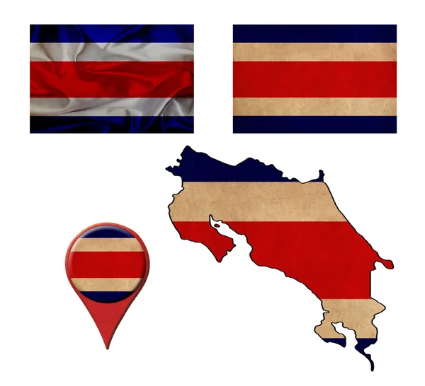 Grunge Costa Rica flag, map and map pointers — стоковое фото