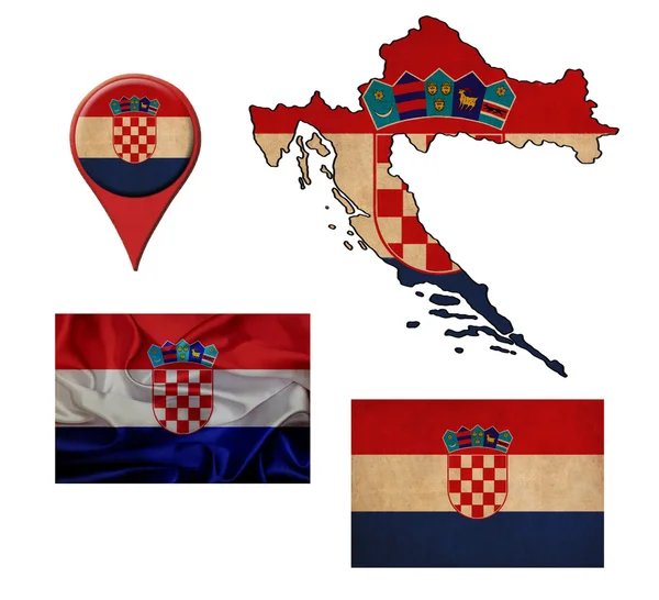 Grunge Croacia bandera, mapa y mapa punteros — Foto de Stock