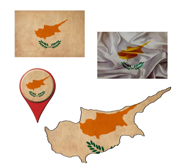 Grunge Cyprus flag, map and map pointers — Stock Photo, Image