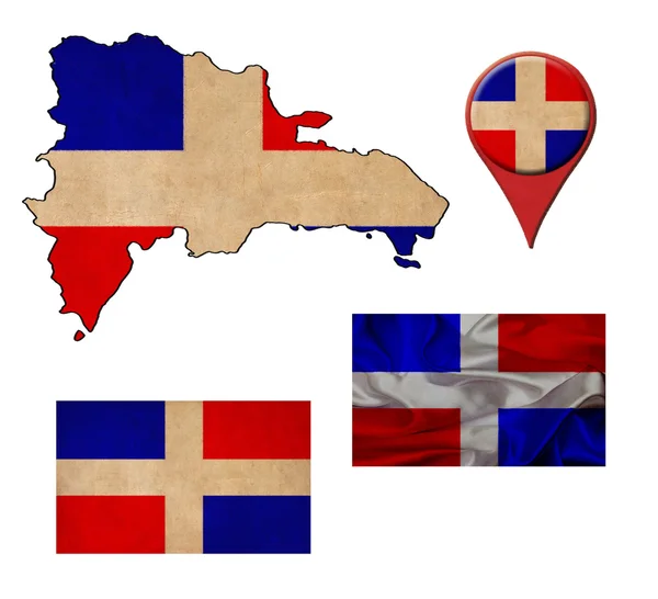 Grunge Dominican flag, map and map pointers — Stock Photo, Image