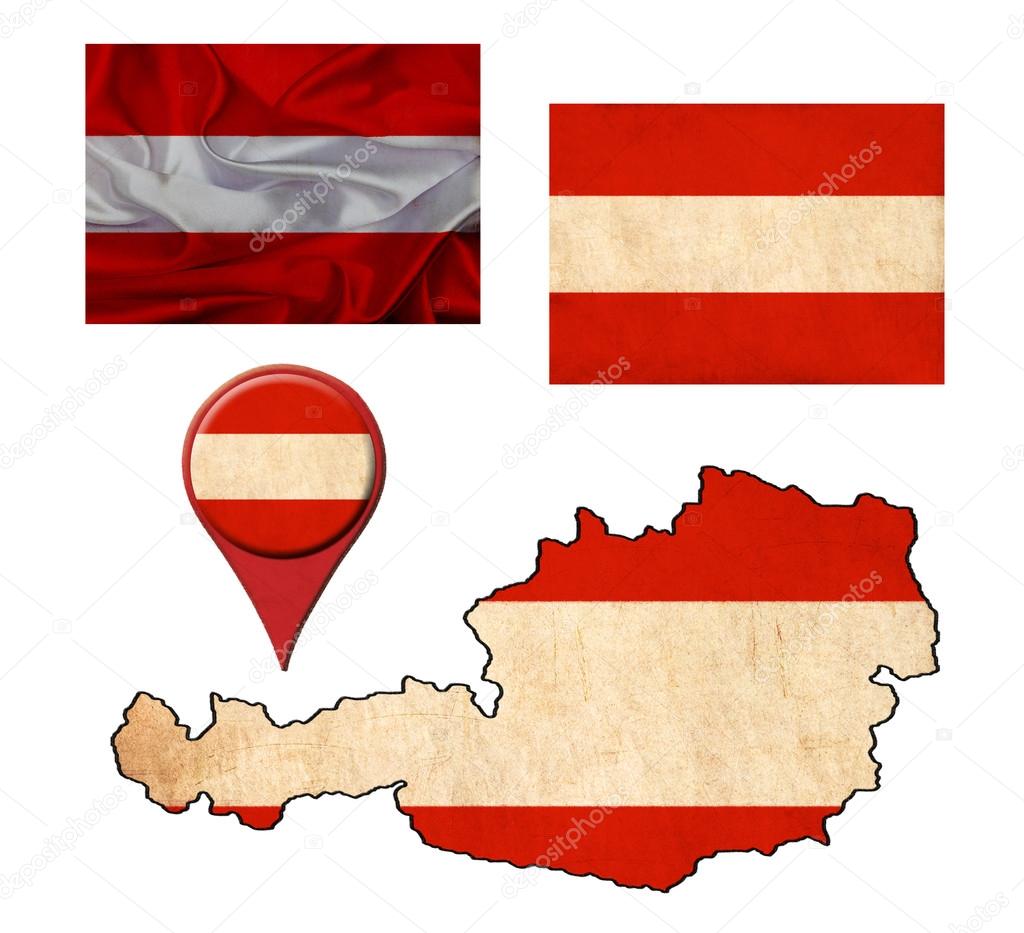 grunge Austria flag, map and map pointers 