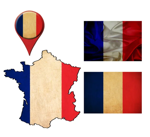 Punteros de bandera, mapa y mapa de Francia — Foto de Stock
