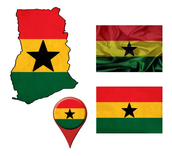 Ghana flag, map and map pointers — Stock Photo, Image