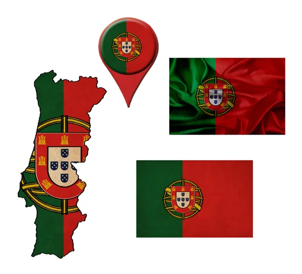 Punteros de bandera, mapa y mapa de Portugal —  Fotos de Stock