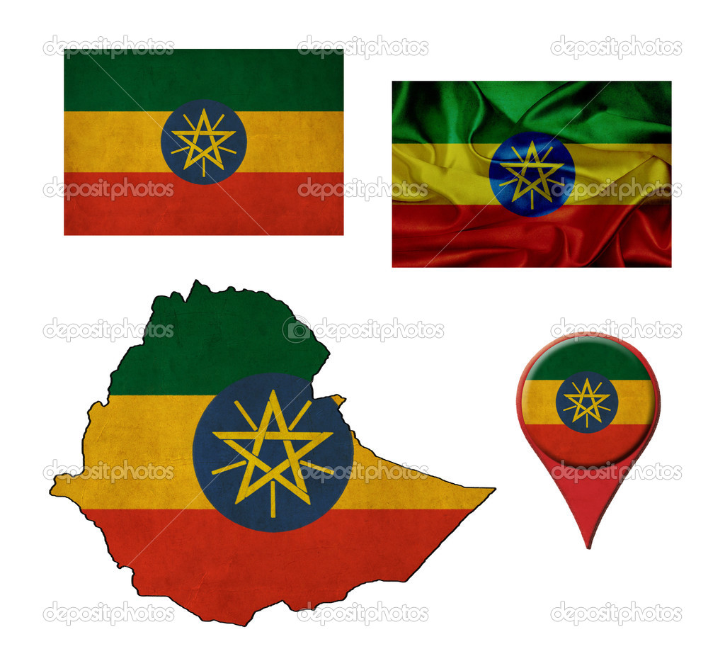 Ethiopië vlag, kaart en plattegrond aanwijzers — Stockfoto ...
