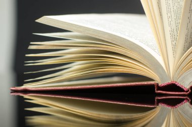 Açık kitap, ahşap masadaki ciltli kitaplar. Okula dönelim. Boşluğu kopyala.
