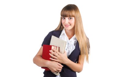 WHI izole kitap ile sevimli genç öğrenci kız portresi