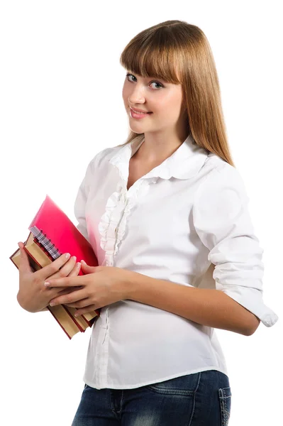 Adolescent écolière avec notebook et livres isoalated sur blanc backg — Photo