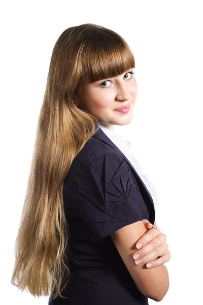 Portrait of cute teen girl wearing formal school uniform over wh — Stock Photo, Image