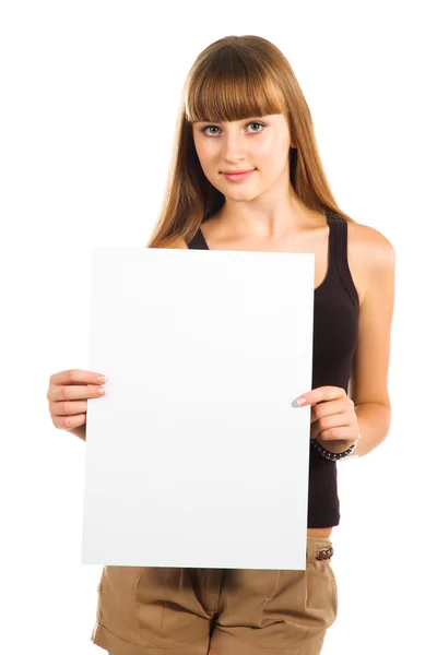 Friendly teen girl presenting blank poster, half length, isolate — Stock Photo, Image
