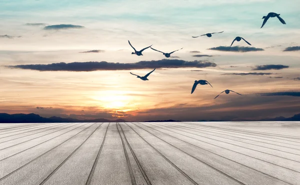 Holzboden, Traumlandschaft Sonnenuntergang. — Stockfoto