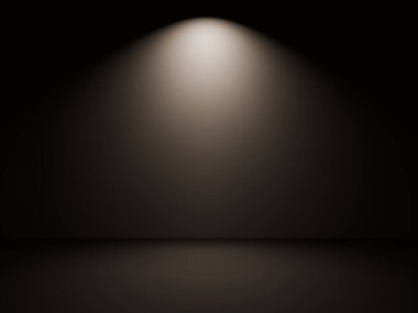 Karanlık soyut taş duvar ve boş karanlık boşluk. Gece 33D resimdeki karanlık oda ve spot ışığı..