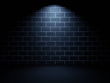 Karanlık soyut taş duvar ve boş karanlık boşluk. Gece 33D resimdeki karanlık oda ve spot ışığı..
